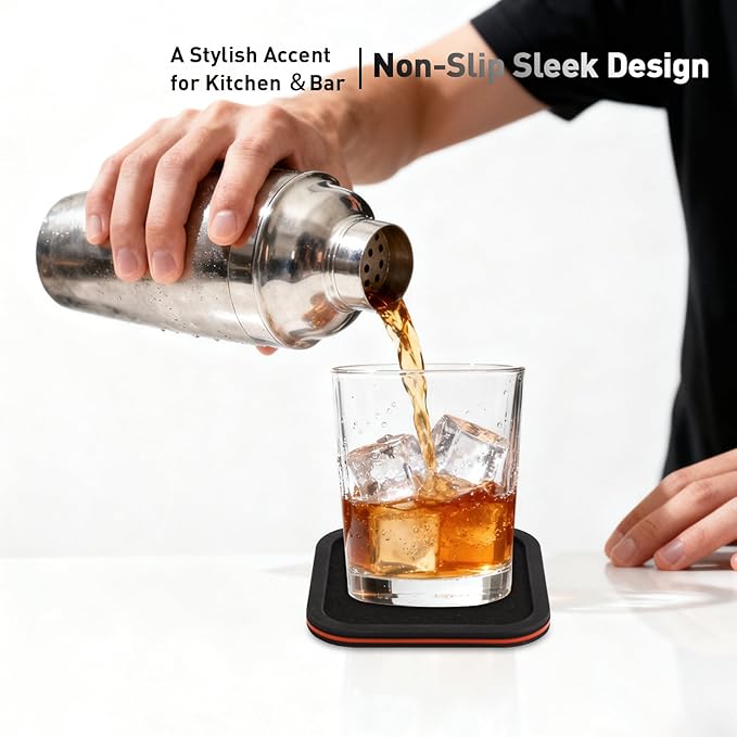 Lexenic Sleek Absorbent Coasters for Drinks with Holder, Silicone Cup Mat with Removable Felt Insert, Non-Slip, Non-Stick, Lovely Gift for Coffee Table Kitchen Decor, 6PCS (Black Red)