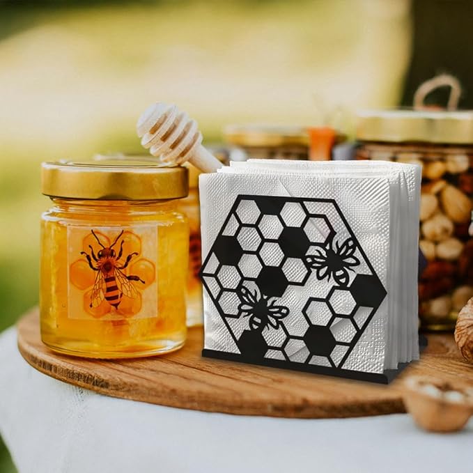 Honeycomb Bee Decorative Black Metal Napkin Holder for Table, 5.3" x 4.7" x 2" Insect Animal Standing Napkin Holder for Home Kitchen Restaurant Picnic Party Coffee Bar Dining Room