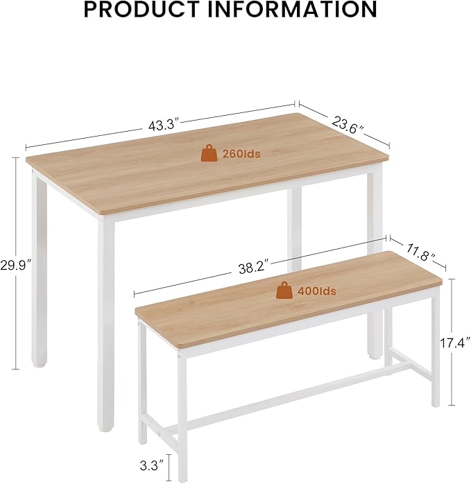 Dining Table Set for 4, Wooden Kitchen Table and 2 Benches Set with Metal Frame, Rectangular Dining Room Table Set for Small Space, Living Room, Apartment, Breakfast Nook, 43.3" L x 23.6" W x 29.9" H