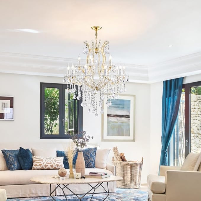 Modern Gold Chandelier Light Fixture - Large Maria Theresa Crystal Chandeliers for Dining Room, Kitchen Island, Living Room, Bedroom, 15 Lights, 2 Layers