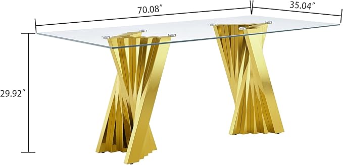 70" Glass Dining Table,Gold Dinner Room Glass Table for 6 8,Modern Kitchen Dinner Table with Stainless Steel Base and Clear Tempered Glass Top for Living Dining Room
