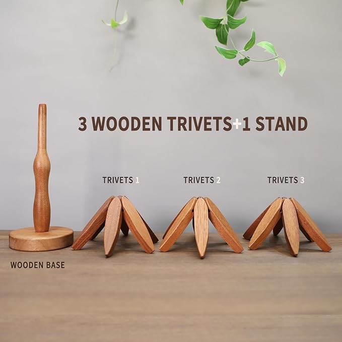 New Set of 3 Kitchen Table Decor Foldable Wooden Trivets for Hot Pots and Pans,Tree Shape Trivets