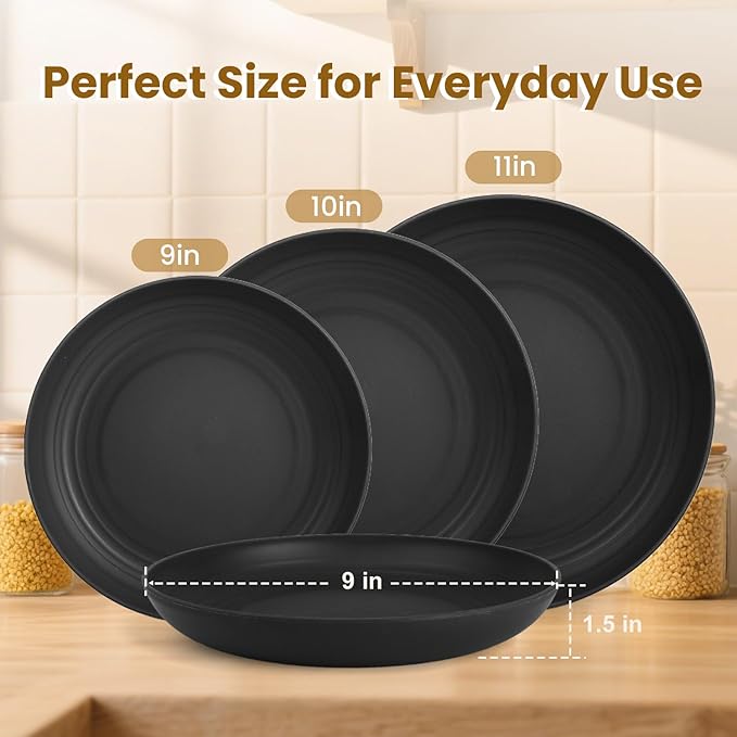 Wheat Straw Plates Set of 8, 9 Inch Dinner Plate for Camping, Picnic, Unbreakable Plastic Plates Reusable, Microwave & Dishwasher Safe Kitchen Plate for Breakfast, Lunch (Black)
