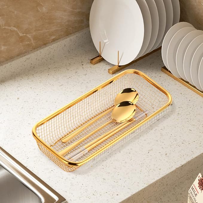 Gold Kitchen Drawer Organizer, Stackable Mesh Storage Baskets, Stainless Steel Silverware Organizer for Holding Knife Fork Spoon, 12.5"x5"x2.5", Pack of 2
