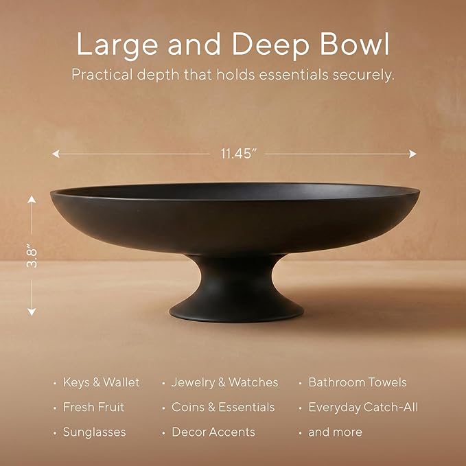 Large Black Decorative Bowl, Modern Pedestal Bowl for Home Decor, Decorative Fruit Bowl for Kitchen Counter, Stylish Key Bowls for Entry Table, 11.45”, Includes 10PCS Artificial Moss Rocks