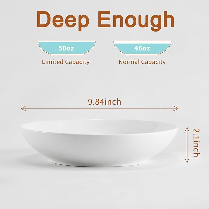 Jassceram Pasta Bowls Set of 4, 50Oz Wide Shallow Ceramic Bowls - 9.84 Inch Serving Bowls for Pasta, Salad, Soup & Cereal, Dishwasher & Microwave Safe White - Christmas Gift