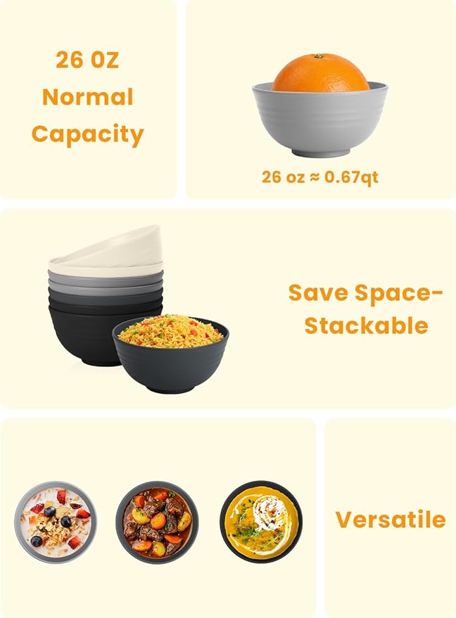 Homienly Premium Wheat Straw Bowls 8 PCS Unbreakable Bowl for Kitchen Cereal Bowls Lightweight Bowl Set, Reusable Microwave and Dishwasher Safe Bowl Set for Soup,Ramen,Salad(Grey Stone, 26 OZ)