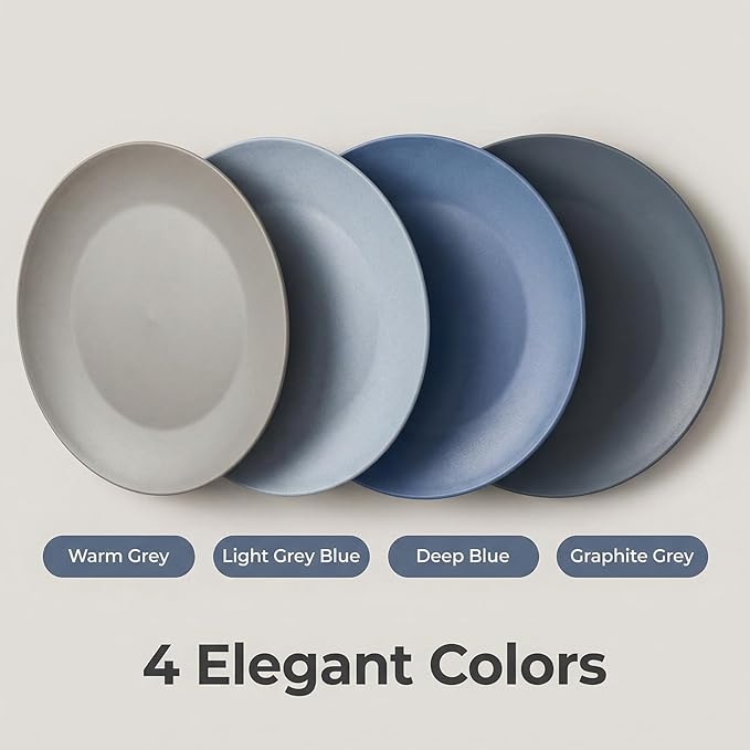 10 inch Wheat Straw Plate, Unbreakable Flat Dinner Plates Set of 8, BPA Free Dishwasher & Microwave Safe Reusable Salad, Camping for Kids Kitchen (Grey Stone)