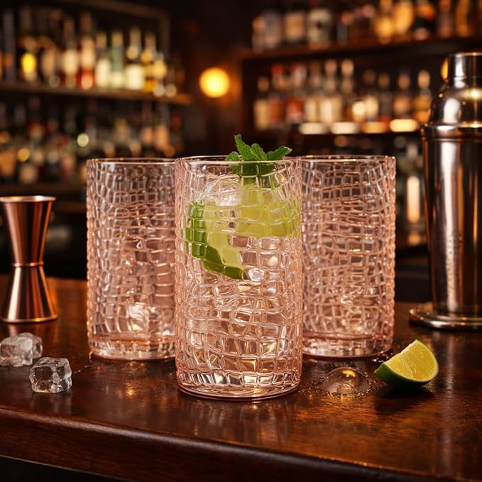 Glaver's Highball Glasses Set of 4 Pink Drinking Glasses, 15 Ounce Crackle Textured Newly Designed Patent Design Glassware Elegant Heavy Duty Drinkware Set, Home Bar Kitchen Water Juice Cocktails