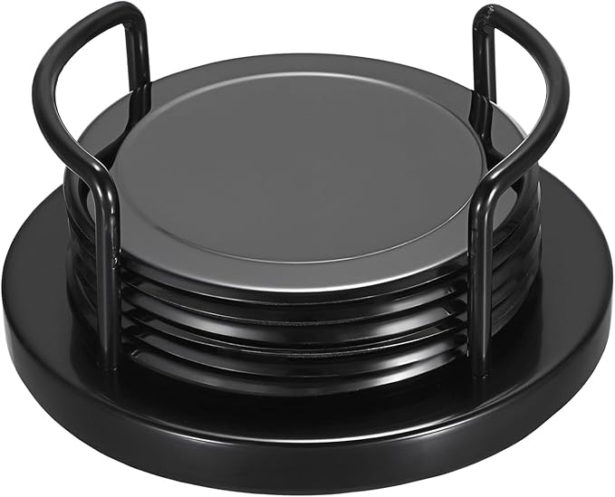 JUXYES Set of 6 Stainless Steel Round Coasters with Holder & Sponge Bottom, Black Metal Cup Coasters Set Stunning Cool Coaster Cups Mats Decor for Restaurant Kitchen bar Dining Table