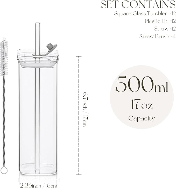 KEMORELA 12 Sets Square Drinking Glass Cups with Lids & Straws, 17 Oz Clear Highball Glasses for Cocktail, Iced Coffee, Juice, Beer - Modern Glass Tumblers