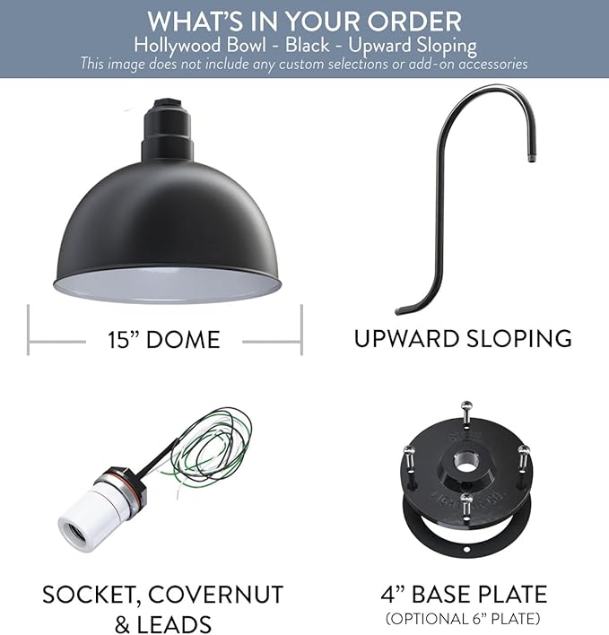 Steel Lighting Co. Hollywood Bowl Light | Outdoor Wall Mounted | 15 inch Bowl Dome | Upslope Gooseneck | Barn Light Made in America | Matte Black Exterior/White Interior