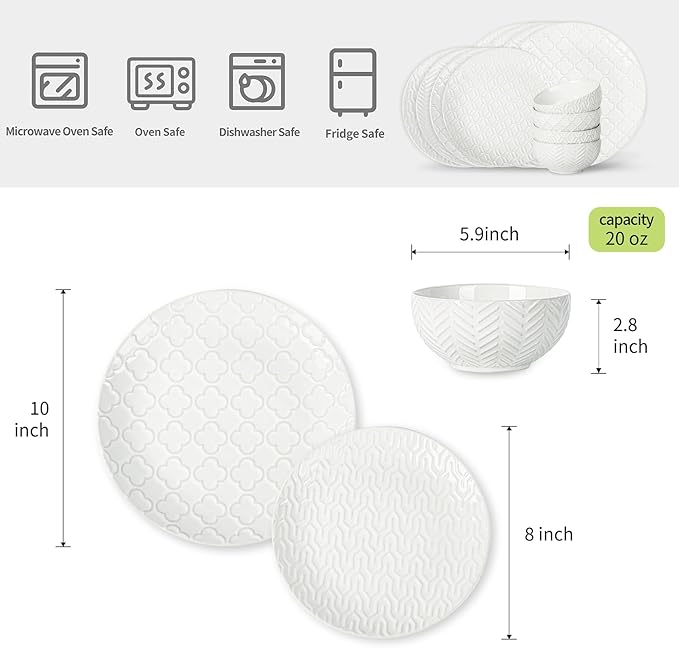 Sureasy Ceramic Dinnerware Sets for 8, 24 Piece Embossed Plates and Bowls Sets, Scratch Resistant Stoneware Dishes Set, Dishwasher and Microwave Safe, White