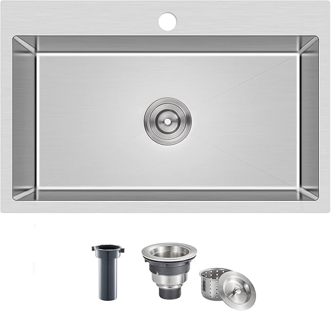 ROVATE 28 ×18 Inch Drop-in Kitchen Sink 304 Stainless Steel Single Bowl, Handmade 18 Gauge 9 Inches Deep Kitchen Sink Topmount with Basket Strainer
