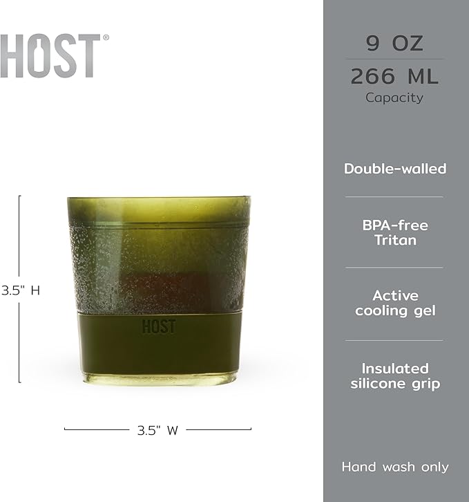 Host Whiskey Freeze Glasses, Double Old Fashioned Glasses, Chill Without Dilution for Bourbon, Vodka, Cold Brew Cocktails, Bourbon Gifts for Men, Gifts for Dad, Home Bar, 9 oz, Set of 2, Olive Green