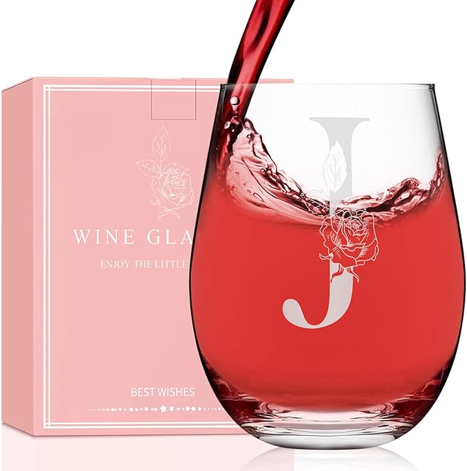 Valentines Day Gifts for Her, Gifts for Women Her Friend Mom Grandma Wife Sister Bridesmaid Nurse, Birthday Galentines Mothers Day Christmas, Personalized Initial Customized Wine Glasses 18OZ(J)