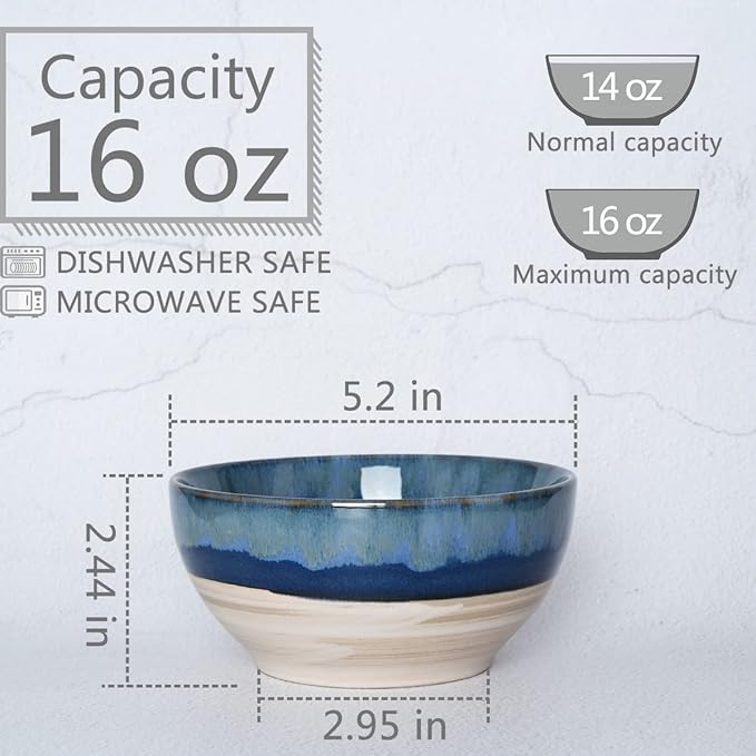 Bosmarlin Small Ceramic Dessert Bowls, 16 Oz, Set of 6, Dishwasher and Microwave Safe, For Cereal, Ice Cream, Soup, Salad, Rice (Deep blue, 16 Oz)