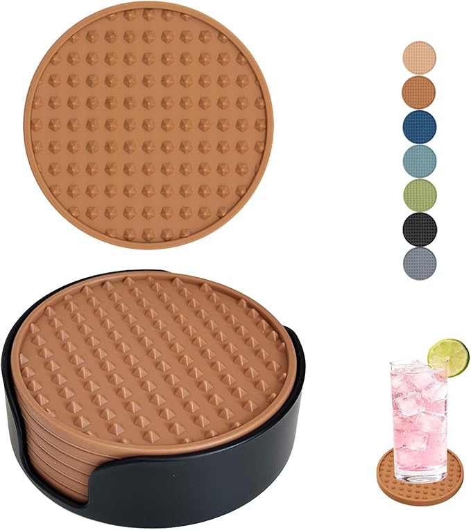 Set of 6 Silicone Coasters, 4'' Drink Coaster with Holder, Round Coasters for Drinks Beer Coffee Home Office Bar Desk Tabletop Protection, Non-Slip Rubber Coaster (Tawny, 6 Pcs-Plastic Holder)