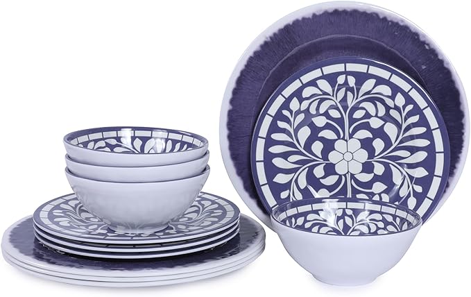 Melamine Dinnerware Set, 12 Pieces Plates and Bowls Set, Unbreakable Dish Set,Lightweight,Camping,Dishwasher Safe,Service for 4, Blue-purple