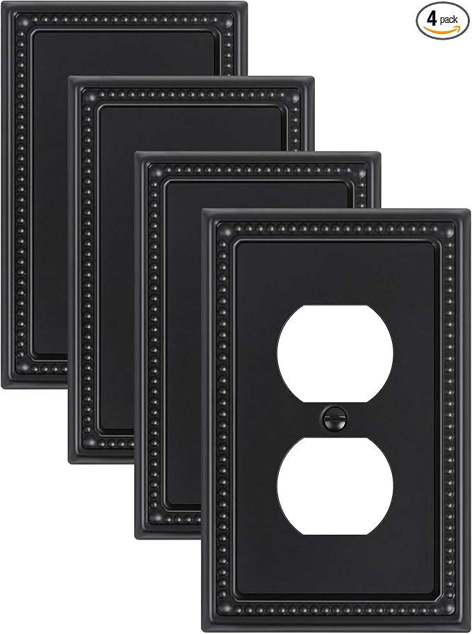 4-Pack Duplex Outlet Cover, Black Metal Wall Plates for Electrical Outlets, 1 Gang Receptacle Light Switch Cover, Pearls Beaded Decorative Switch Plates and Outlet Covers