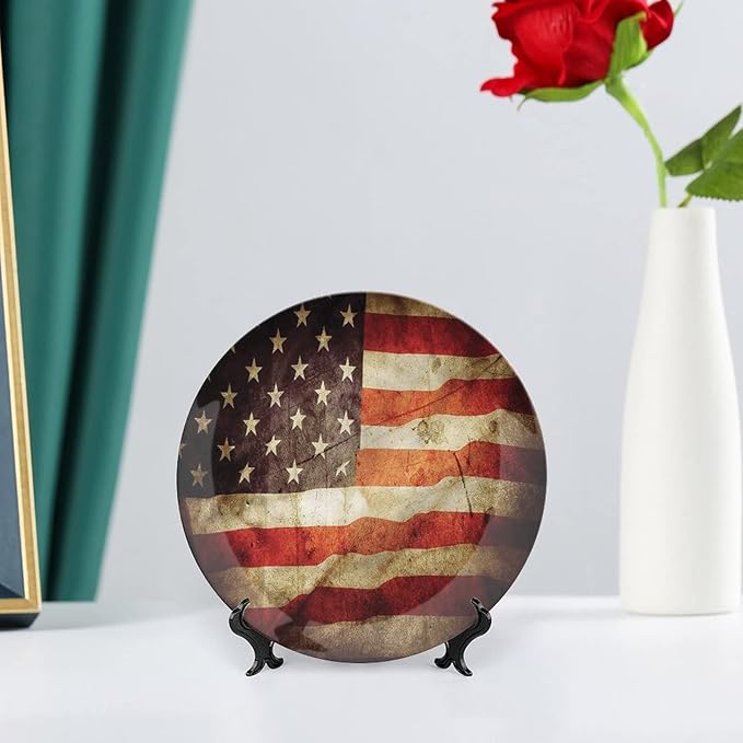 Ceramic Display Plate, American Flag Ceramic Hanging Decorative Plate, Grunge Look Patriotic, 8 Inch, Household Custom Ceramic Plate, Multicolor