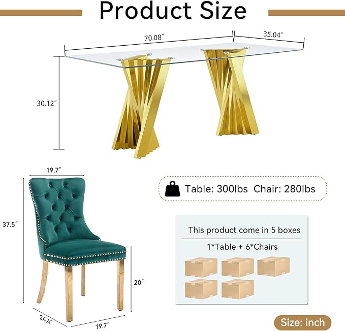 7 Piece Glass Dining Table Set,70" Dinner Room Glass Table Set for 6,Modern Kitchen Dinner Table Set with Stainless Steel Base and 6 Upholstered Velvet Dining Chairs for Living Dining Room