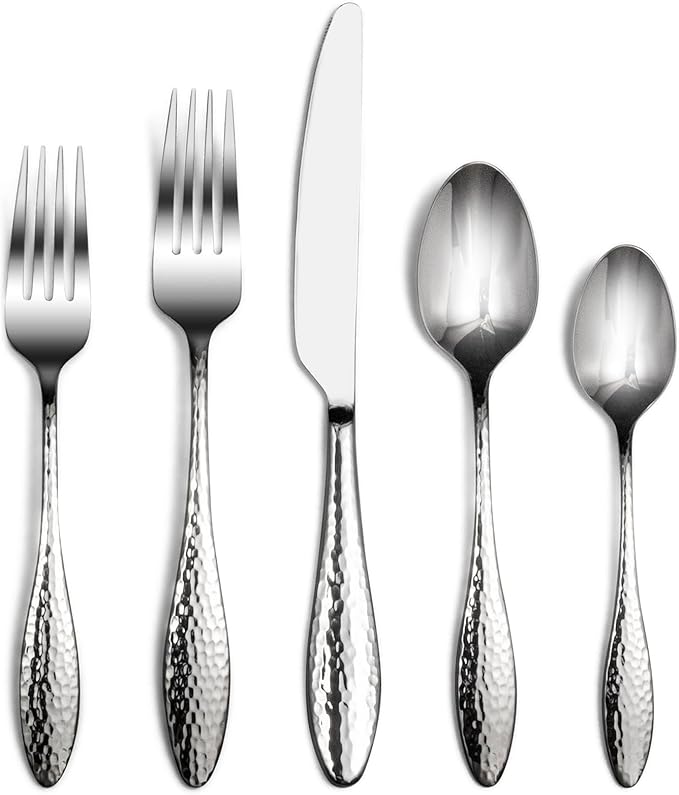 Alata Emma 60-Piece 18/10 Silverware Set, Hammered Flatware Set, Heavy Duty Stainless Steel Cutlery Set, Modern Kitchen Utensils, Dinnerware Sets Service for 12, Mirror Polished & Dishwasher Safe