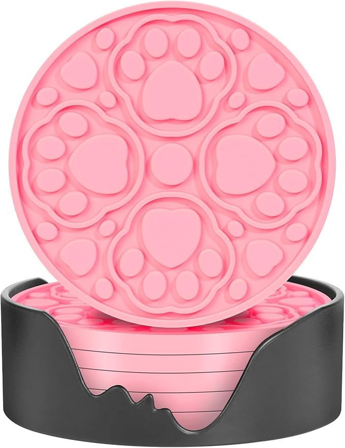 Pink Silicone Coasters Set of 6 with Holder, 4 Inches Coaster for Bar, Drinks, Beer, Coffee - Non Slip Decorative Cup Mat for Tabletop, Desk Decor - Dishwasher Safe