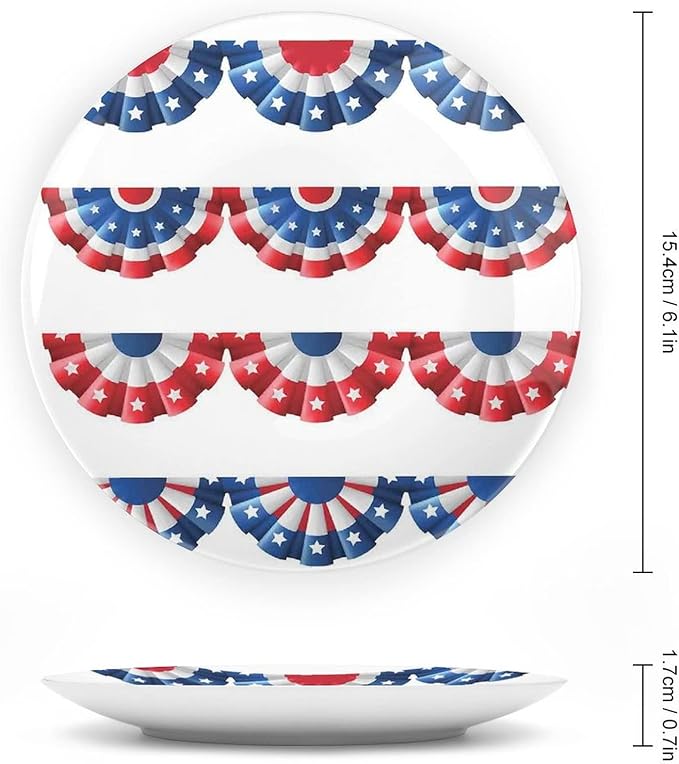 Decorative Plates, American Flag Decor Print Ornament, Flag Round Bunting Election Ornament Pattern, 10 Inch, 1 Plate with 1 Display Stand, Blue Red