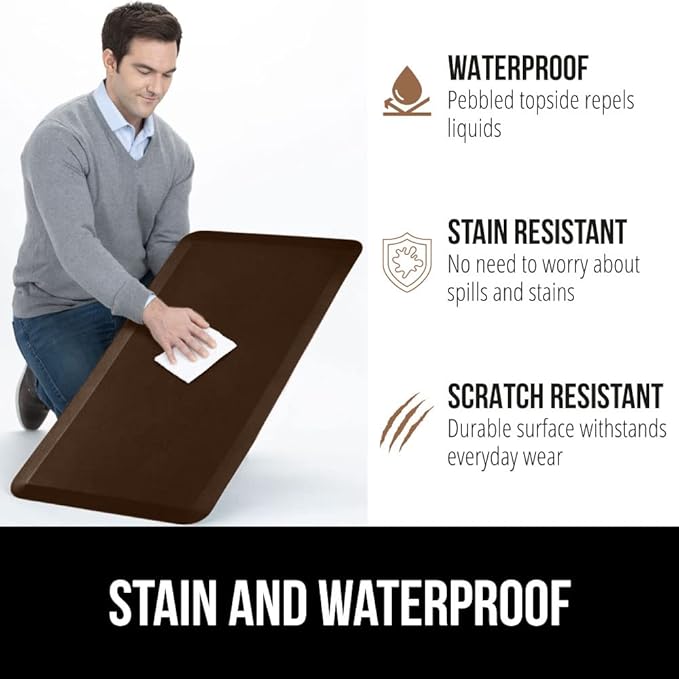 GORILLA GRIP Comfortable Cushioned Kitchen Mats for Floor, Waterproof and Stain Resistant Soft Top, 3/4 Inch Thick Ergonomic Standing Desk Anti Fatigue Mat, Foam Supports Ankles and Feet, 20x32, Brown