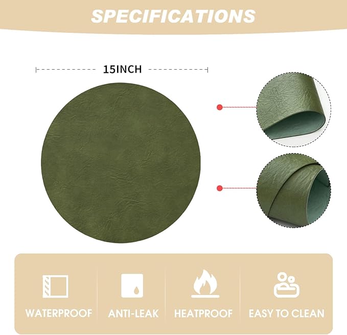 Artoid Mode Olive Green Faux Leather Placemats Set of 4, 15 Inch Waterproof Wipeable Heat Resistant Vinyl Place Mats, Reversible Table Mats for Kitchen Dining Decor