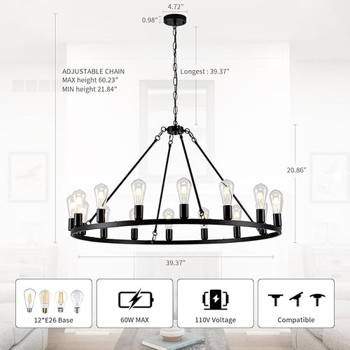 16-Light Wagon Wheel Chandelier, 40 inch Farmhouse Wagon Wheel Chandeliers, Black Round Rustic Pendant Lights, Industrial Ceiling Light Fixtures for Dining Room Living Room Bedroom Kitchen Entryway