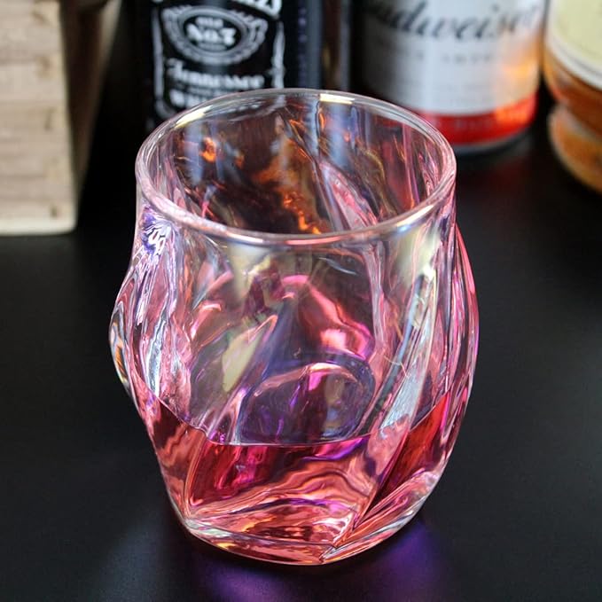 Whiskey Glasses Set of 2, Colorful Rock Glass, 8.5 OZ Drinking Glasses, Creative Twisted Crystal Old Fashioned Tumbler for Bourbon, Scotch, Cocktail, Tequila, Wine, Rum