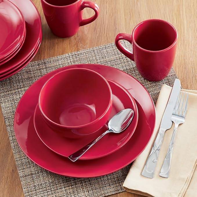 Montgomery Ward 16-Piece Round Dinnerware Set - Kitchen Essentials, Plates, Bowls, Mugs, Dishwasher and Microwave Safe, Red