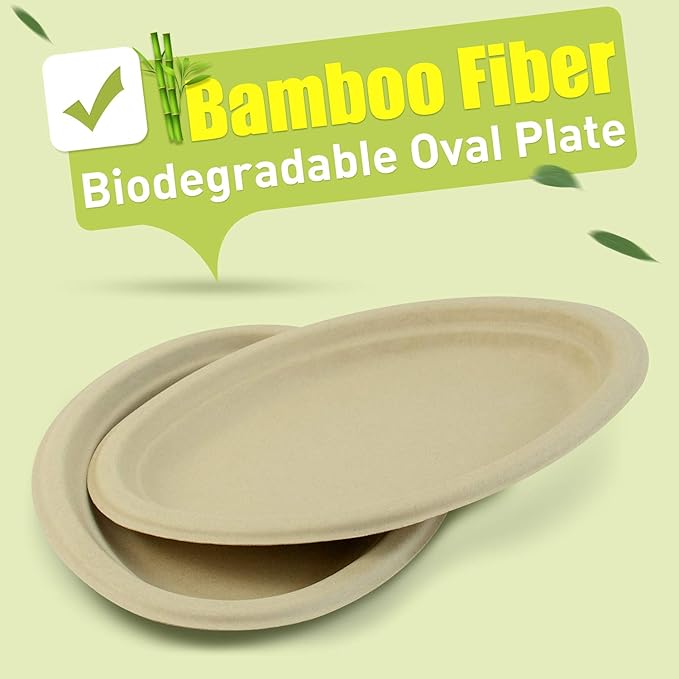 Green Earth, 10-Inch, 125-Count, Compostable Plates, Natural Bamboo Fibers, Everyday Tableware - Biodegradable Disposable Oval Shape Microwave-Safe Gluten-Free Eco-Friendly