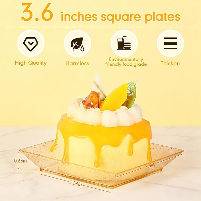 Nuogo 250 Pcs Square Clear Dessert Plates 3.6 Inch Appetizer Plates Disposable Square Party Trays Hard Mini Salad Tasting Sample Dish for Weddings, Parties, Banquet Dinner, Family Gatherings (Gold)