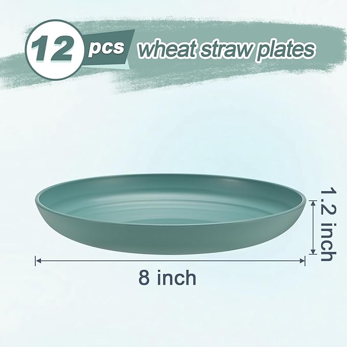 12 Pcs Unbreakable Deep Dessert Plates Set, 8 inch Reusable Plastic Wheat Straw Plates, Microwave and Dishwasher Safe Plate for Kitchen, Lightweight Plate for Dessert, BPA Free, 4 Colors