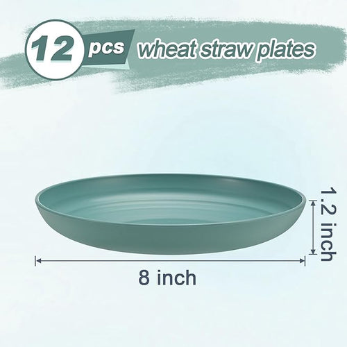12 Pcs Unbreakable Deep Dessert Plates Set, 8 inch Reusable Plastic Wheat Straw Plates, Microwave and Dishwasher Safe Plate for Kitchen, Lightweight Plate for Dessert, BPA Free, 4 Colors