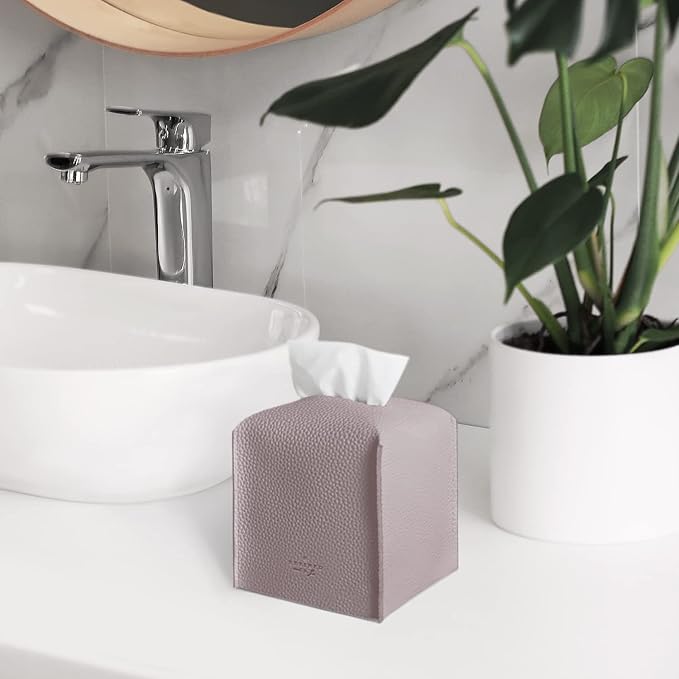 Carrotez Tissue Box Cover, [Refined] Modern PU Leather Square Tissue Box Holder - Decorative Holder/Organizer for Bathroom Vanity Countertop, Night Stands, Office Desk & Car 5"X5"X5" - Lavender