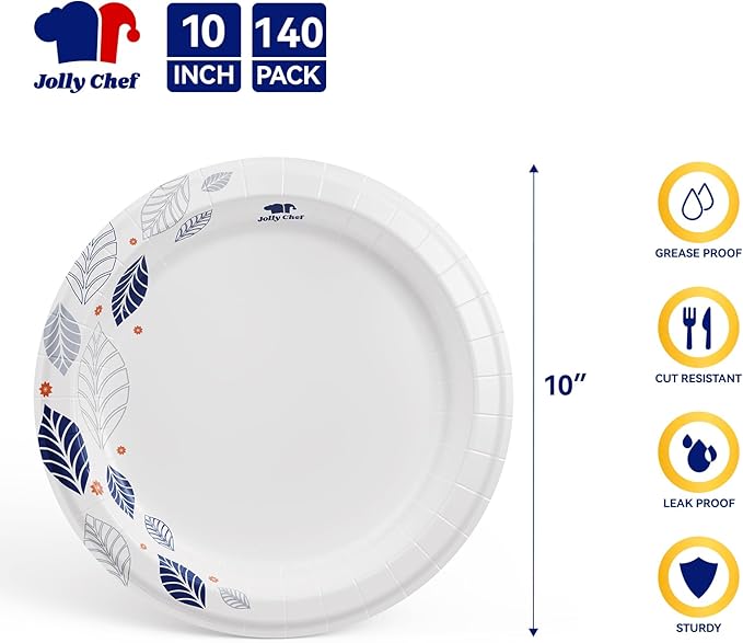 JOLLY CHEF 140 Count Paper Plates 10 inch Soak Proof, Cut Proof, Heavy Duty Leaf Printed Disposable Paper Plates for Everyday Use