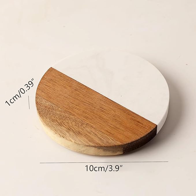 I-LAN Set of 4 Round Natural Wood and Marble Style Drink Coasters for Coffee Wooden Table, Drink Bar Coaster Set/Tea Table Coasters for Living Room,Beer Cans,Bar Glasses,4 x 4 Inch