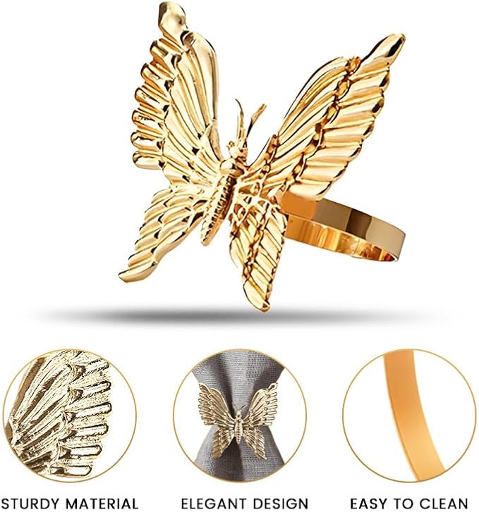 Decozen Set of 4 Gold Napkin Rings in Butterfly Design Festive Table Decor Setting for Holiday Wedding, Birthday, Kitchen, Home Decor Housewarming Gift - Mothers Day Decorations