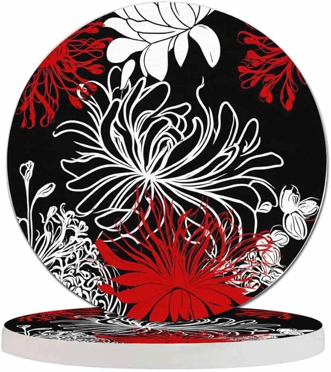 Chrysanthemum Flower Drink Coasters Modern Monochrome Peonies Spring Floral Blossom Housewarming Presentss for New Home Present for Friends,2 Pcs,4 X 4 X 0.35 Inches