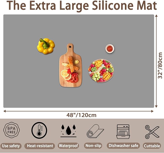 Silicone Mats for Kitchen Counter, 48"x32"(120cmx80cm) Large Heat Resistant Mat Kitchen Island Waterproof Countertop Protector Mat Nons-slip Extra Large Counter Mat, Black