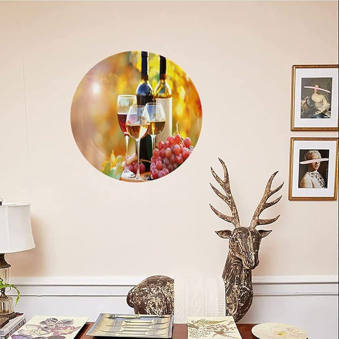 Ceramic Display Plate, Wine Ceramic Hanging Decorative Plate, Tasty Wine on Wooden Barrel on Grape Plantation, 8 Inch, Living Room Kitchen Decoration Household, Orange Red Black