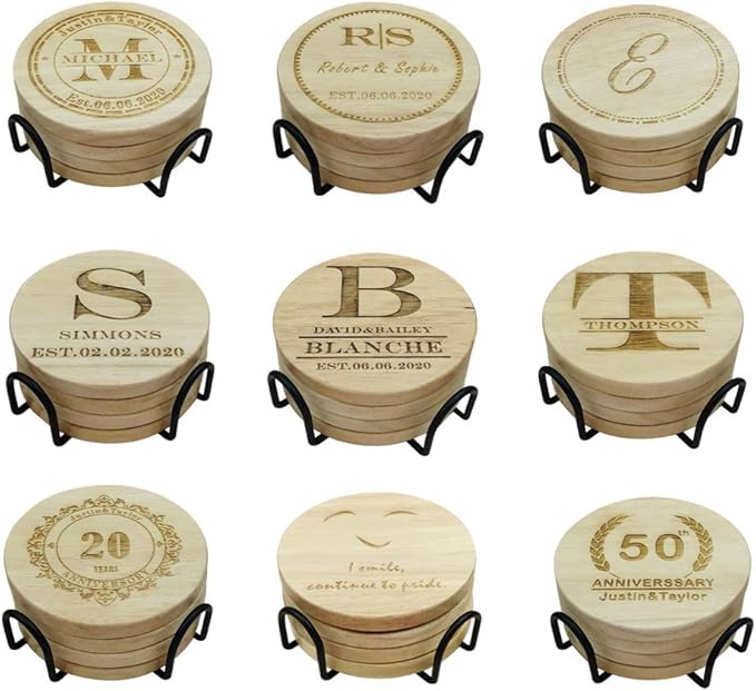 Personalized Wooden Coasters, Custom Engraved Monogram Coasters, Great Gifts for Relatives, Friends or Yourself (E, Set of 4)