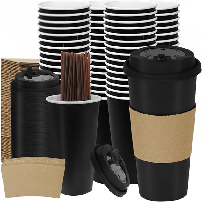 20 oz 100 Pack Coffee Cups with Lids and Sleeves, Straws, Hot Disposable To Go Travel Paper Cups Bulk for Office, Home Coffee Bar Accessories, Chocolate, Cocoa, Beverage (Black)