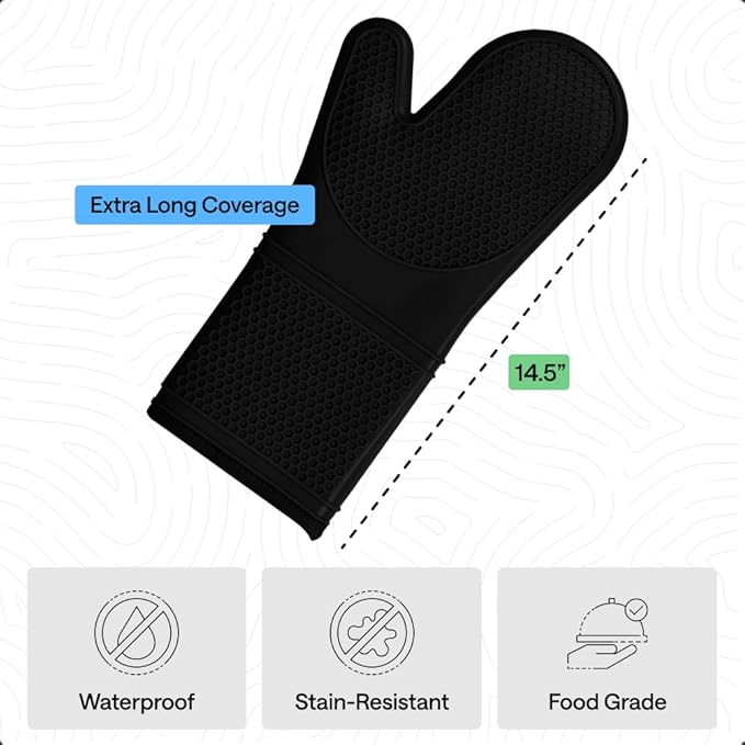 GORILLA GRIP BPA-Free Soft Silicone Oven Mitts, 14.5x8.3, Heat Resistant and Waterproof Cooking Gloves, Thick Cotton Lining, Flexible Gripping for Baking Grilling, Kitchen Potholders Set of 2, Black