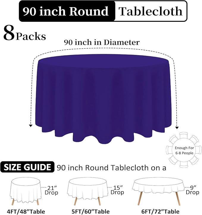 8 Pack Purple Round Tablecloth 90 Inch Stain and Wrinkle Resistant Round Purple Table Cloth Reusable and Washable Polyester Fabric for Valentine's Day Buffet Wedding Party and Banquet