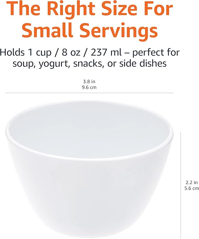 Amazon Basics Round Melamine Bowl, 8 oz, White, 6 Piece Set, Do not microwave